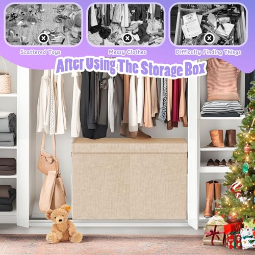 Large Toy Storage Box with Lid, Dividers, Collapsible Kids Toy Chest, Beige | Toy Box for Boys, Girls, Nursery, Bedroom, Living Room, Playroom, 25 x 13 x 16 inches - color: Large Beige