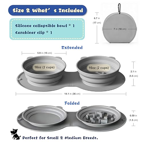 Premium Silicone Collapsible Dog Bowl with Carabiner Clip, 2-in-1 Foldable Double Pet Food & Water Travel Bowl, Portable No-Spill Design for Walking Hiking Camping, for Small Medium Dogs