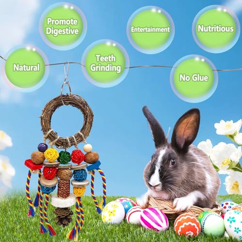 Bunny Chew Treats Toy for Teeth, 2PCS Rabbit Cage Hanging Chew Toys and Rattan Ring with Snack,Natural Material Chinchilla Treats Toys for Guinea Pig Gerbils Hamster Rat Teeth Grinding - color: 2PCS Classic