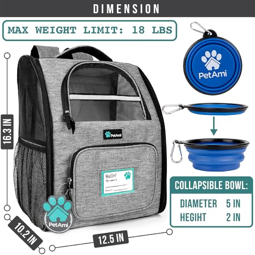 PetAmi Dog Backpack Carrier Airline Approved Cat Pet Puppy Bag, Grey | Ideal for Small Medium Large Pet up to 18 lb, 2 Side Entry Structured No-Collapse Frame, Ventilated Bookbag for Hiking Travel - color: Heather Gray