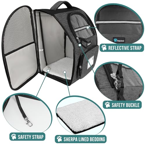 PetAmi Dog Backpack Carrier Airline Approved Cat Pet Puppy Bag, Charcoal | Ideal for Small Medium Large Pet up to 18 lb, 2 Side Entry Structured No-Collapse Frame, Ventilated Bookbag for Hiking Travel - color: Charcoal