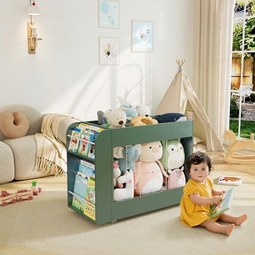 Wooden Kids Bookshelf, Toy Storage with Side Drawing Chalkboard | 3-in-1 Mobile Stuffed Animal Storage Zoo, Rolling Toy Box Container on 4 Wheels for Kids Room Playroom Nursery Bedroom, Green - color: Green