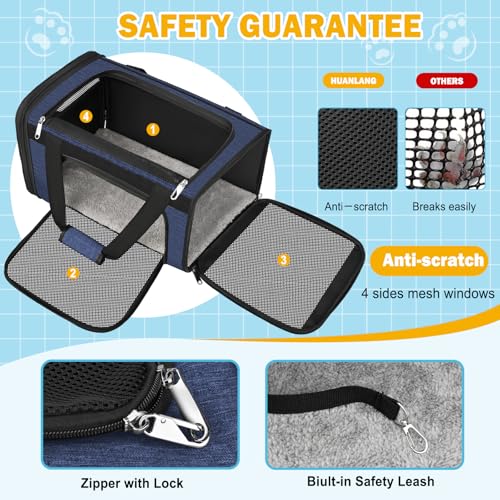 HUANLANG Large Cat Carrier Soft Sided Travel Pet Carrier Airline Approved | Dog Carriers for Small Dogs Medium Cats,Collapsible,3 Storage,zipper lock,Reflective strips,Luggage Strap, Up to 15 Lbs - color: Navy Blue