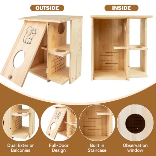 Large Squirrel House for Outside with Window, Wooden Squirrel Nesting Box | observation window, Dual Balconies, Lockable Front Panel, Extend the Eaves