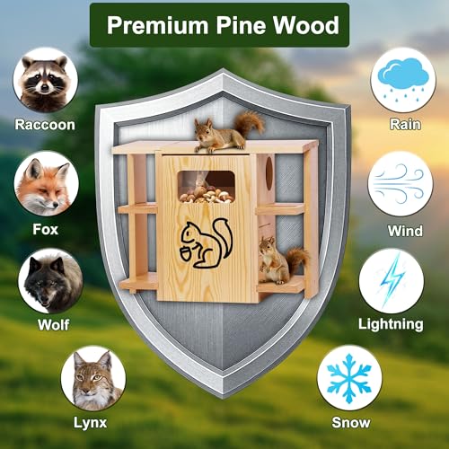 Widened Extra Large Wooden Squirrel Family House for Outside | Dual Protective Entry Design, with Squirrel Feeder, Squirrel Nesting Box with Multi-Platforms for Nesting & Shelter - size: Widened Extra Large