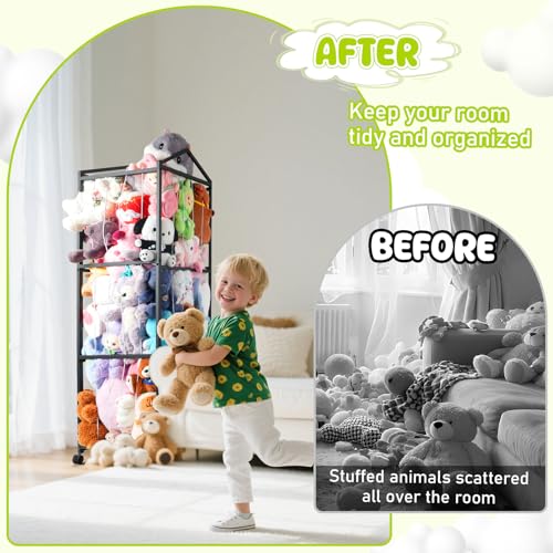 NomNest Stuffed Animal Storage Zoo, Large Metal Plushies Organizer, Heavy Duty Metal Teddy Bear Toy Holder with Wheels for Kids' Bedroom & Playroom & Nursery (Wheeled, Black) - color: Matte Black