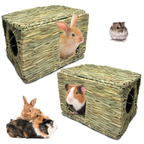 Hamiledyi 2 Pack Large Rabbit Grass House Hand Woven Natural Bunny Hut Foldable Play Bed Safe Cozy Hideaway Hay Mat Chew Toys for Hamster Guinea Pig Chinchilla Gerbil Ferret - size: 2 Pack (14.57"L x 11.42"W x 10.24"H)