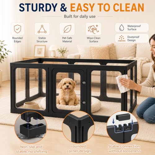 Acrylic Dog Playpen with Toilet, Clear Puppy Play Pen Indoor Puppy Play Pen Tool-Free Assembly Detachable Pet Fence Kennel for Small Dog, Cat, Rabbit (24 Inch, 12 Panels, Black) - color: Black