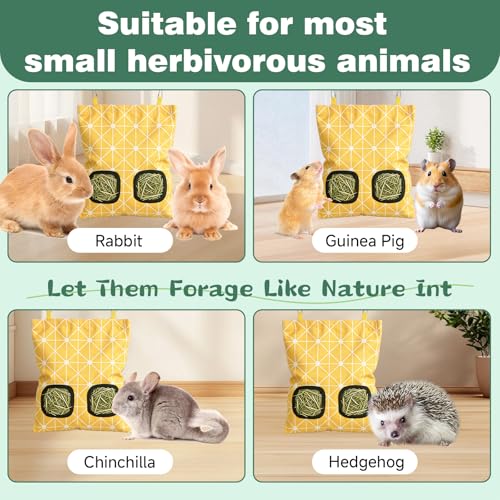 Rabbit Hay Bag 2 Pack - 2 Holes Hanging Bunny Hay Feeder Holder with Metal Hooks, Oxford Cloth Guinea Pig Feeding Bag Storage for Chinchillas Hamsters and Small Animals (Blue Yellow) - color: Blue Yellow