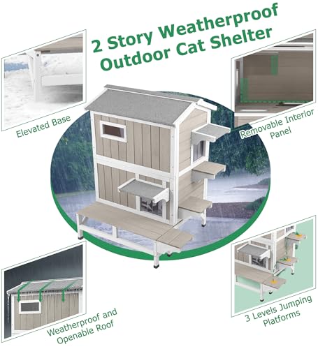 Outdoor Cat House Weatherproof Cats Shelter for Feral Kitten Pet Houses for 1-2 Small Animlas 2 Story Wooden Houses for Indoor Outdoor Cats with Escape Doors (25.5" D x 33.5" W x 39.5" H) - style: 25.5"D x 33.5"W x 39.5"H