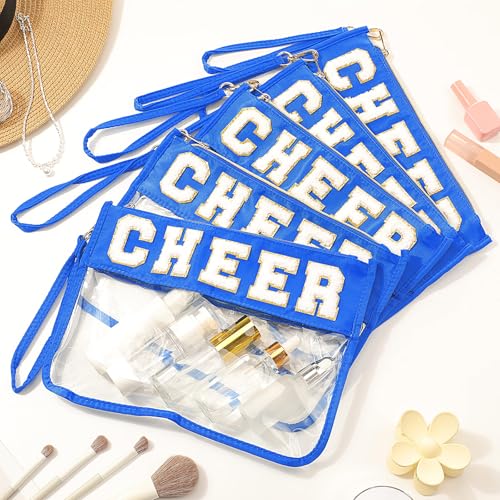 Kacctyen 20 Pcs Blue Chenille Letter Cheer Bags Bulk Cheerleader Clear Makeup Bags Snacks Pouch Bulk Preppy Patch Cosmetic Pouch with Wrist Strap Zipper for Travel Team Cheerleaders - color: Blue