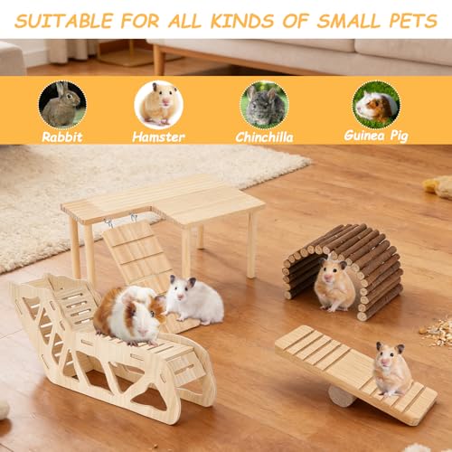 Hamster Toys Complete Set - Noiseless Silent Exercise Wheel, Maze Wood House, Stand, Chew Toys & Water Bottle Cage Accessories for Hamster, Rat, Mice Small Animal Habitat