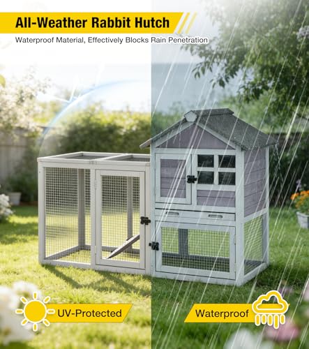Aivituvin Two-Tier Rabbit Hutch Outdoor Bunny Cage Indoor with Weatherproof Roof Rabbit Cage with Chew-Proof Ramp and Pull-Out Tray for for Small Animals Grey