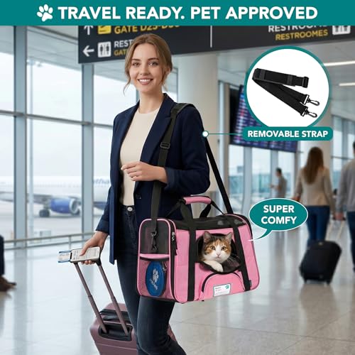 PetAmi Airline Approved Pet Carrier for Cats & Small Dogs, Large, Pink | Soft Sided TSA Travel Bag, Sherpa Bed, Breathable Mesh Ventilation, Collapsible Bowl, Fits Under Seat, Up to 18 lbs - color: Pink, size: Large - 19.5"L x 10.2"W x 12"H