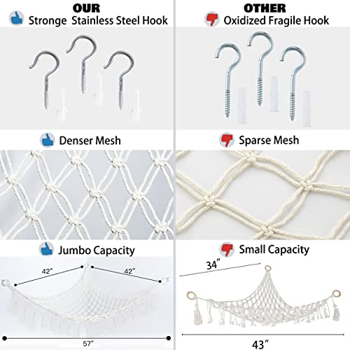 Stuffed Animal Net or Hammock with Light,Yewiwin Macrame Hanging Net Hammock for Stuffed Animal Toy Storage Organizer Boho Decor Room Holder for Nursery Play Room Bedroom (Beige-2) - color: Beige-2(42"*42"*57")