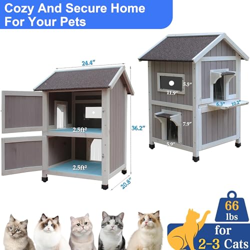 Rockever 2-Layer Outdoor Cat House, Weatherproof Wooden Outside Cat Shelter | Weatherproof grey wooden shelter with escape door, roomy resting spaces and secure protection for feral and outdoor cats