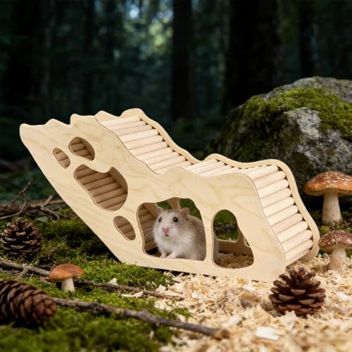 2Pcs Hamster House and Tunnel, Wooden Exploring Tunnel with Ladder, Small Animal Playground Exploring Toys for Rats, Syrian Hamsters, Guinea Pig, Gerbils(Style3) - color: Style3