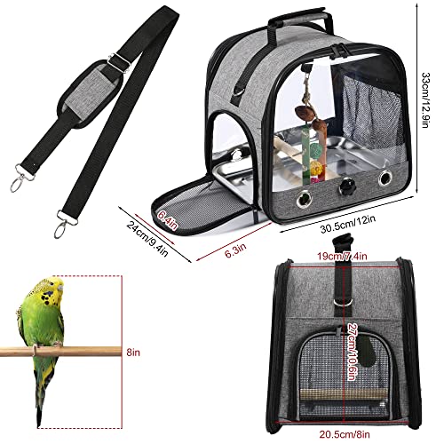 Small Bird Carrier Bag with Stand, Lightweight Backpack for Parrot, Portable Cockatiel Travel Cage with Bird Toy, Pet Transparent Breathable Carrier, Gray - color: Gray, size: 12"L x 9.4"W x 12.9"H