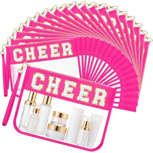 Kacctyen 20 Pcs Rose Pink Chenille Letter Cheer Bags Cheerleader Clear Makeup Bags Snacks Pouch Bulk Preppy Patch Cosmetic Pouch with Wrist Strap Zipper for Travel Team Cheerleaders - color: rose Pink