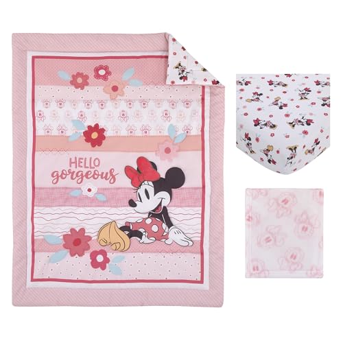 Minnie Mouse Hello Gorgeous Pink and White Floral 3 Piece Nursery Crib Bedding Set - Comforter, Fitted Crib Sheet, and Printed Blanket