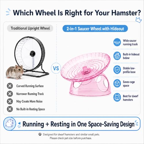 Silent Hamster Wheel with Hamster Hideout, Quiet Flying Saucer Exercise Wheel for Dwarf Hamsters, Stable Running Wheel, Small Animal Cage Accessory, Easy to Clean (Pink) | 2-in-1 flying saucer wheel with hideout, quiet spin, wide track, clear body, stable
