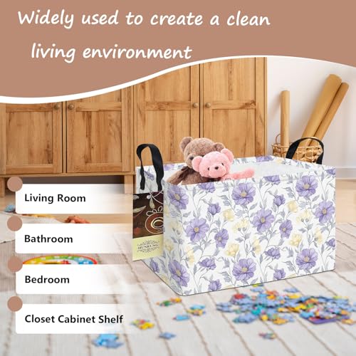 Rectangle Foldable Storage Basket Handles For Home, Purple Flowers | Waterproof canvas material, reinforced handles, perfect for shelf use, organizes clothes, daily items and pet supplies - color: REC-Purple Flowers