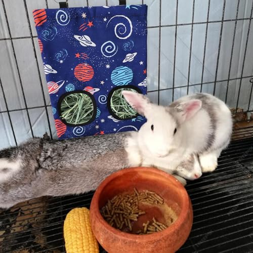 JarThenaAMCS 2 Pcs Rabbit Hay Feeder Bag with 2 Holes Guinea Pig Hanging Hay Feeding Bag Blue Galaxy Storage Dispenser for Chinchilla Hamster Bunny Small Animal Pet, 11.5 x 9 Inch