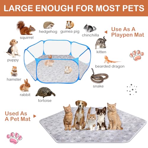 Preboun 4 Pcs 47 in Guinea Pig Playpen Pad Waterproof Hexagon Mat Reusable Dog Playpen Liner for Small Animal Rabbit Cage Tent Pee Pad Washable Yard Fence(Gray Paw)