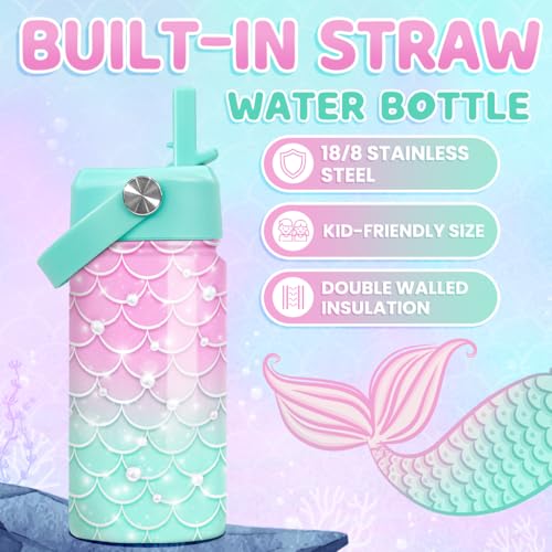 SANDJEST Mermaid Water Bottle - Kids Water Bottle with Straw Lid - 12 Oz Insulated Stainless Steel Water Bottles for Kid Girl - Travel Cup for School Sports - color: Mermaid 1
