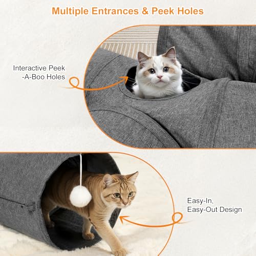 Ownpets 10" Large Cat Tunnel 3-Way U-Shape Oxford Fabric for Large Cat | Silent oxford fabric no noise, expandable 3-channel design, with plush ball ,feather wand, peek hole, for multi-cat household - size: 10 Inches in Diameter