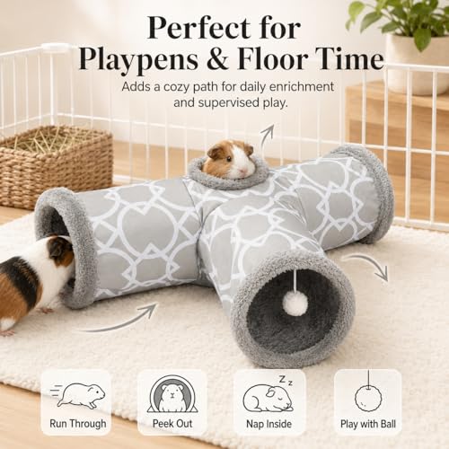 Plush Inside 3-Way Shape Small Animals Tube Tunnel with Interactive Ball for Guinea Pig, Hamster, Chinchilla, Hedgehog Hiding and Resting, Geometric Grey - size: L