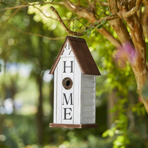 Glitzhome Decorative Bird Houses for Outdoors,14.75" H Distressed Bluebird House Solid Wood Hanging Bird House Home Inspiration Decorative Pet Cottage Outdoor Garden Birdhouse,Washed White - color: 14.75"H "HOME" Wash White