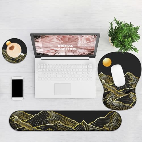 Ergonomic Mouse Pad with Wrist Rest and Keyboard Wrist Rest, Gel Mousepad and Wrist Rest for Computer Keyboard, Pain Relief, Non-Slip PU Base, Black Mouse Pad with Wrist Support for Gaming, Mountain - color: Mountain