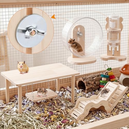 4-piece Hamster Toy Set with Wooden Hamster cage Accessories Platform Table Swing Climbing Ladder Running Wheel Water Bottle Suitable for Small Pets Such as Golden Bear Dwarf Hamster Sand Rat Rat etc