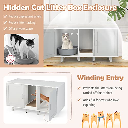 PETSITE Litter Box Enclosure for 2 Litter Boxes, Hidden Cat Washroom TV Stand End Table with 2 Cabinet, Scratching Board, Indoor Cat Litter Furniture, Patented - color: Grey