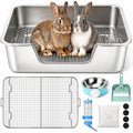 Rypet Large Stainless Steel Rabbit Litter Box Set for Small Animals | High Sides & Low Entry, 304 Stainless Steel Sifting Tray, Bowl and Bottle Included, Non-Slip, Easy to Clean, Odor Control - size: L(19.7"×13.8"×5.9")