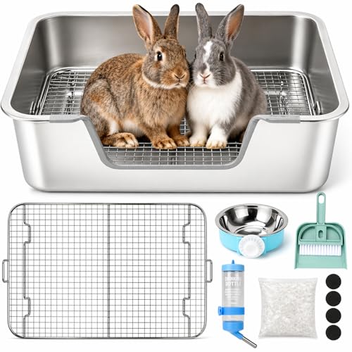 Rypet Large Stainless Steel Rabbit Litter Box Set for Small Animals | High Sides & Low Entry, 304 Stainless Steel Sifting Tray, Bowl and Bottle Included, Non-Slip, Easy to Clean, Odor Control - size: L(19.7"×13.8"×5.9")