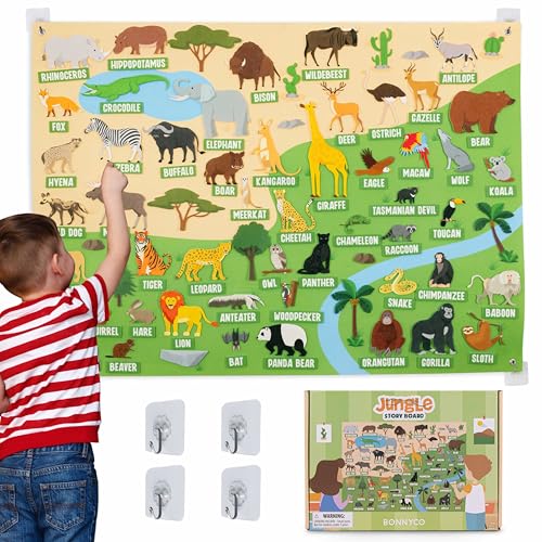 BONNYCO Felt Board for Toddlers with 116 Jungle Animals Figures. Montessori and Sensory Toys, Birthday Gifts for Kids 3-8 Years Old. Educational Games Learning Activities Christmas - style: Jungle