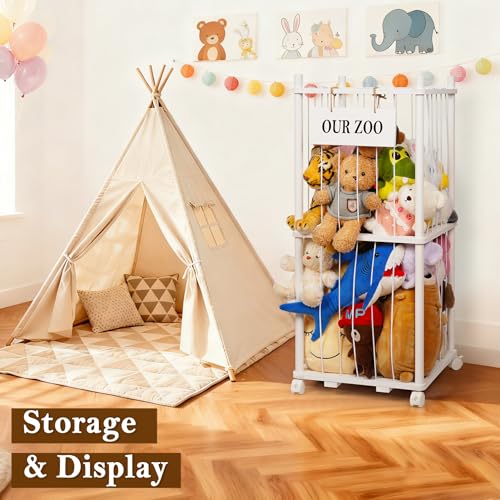 Stuffed Animal Storage Zoo, Wooden Stuffed Animal Organizer with Wheels | Stuffy Storage with Upgraded 5-Row Elastic Cords, Space-Saving Plush Toy Storage Holder for Playroom, Bedroom, Nursery - color: White, size: Small