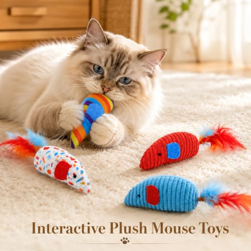 4 Pack Interactive Cat Toys, Catnip Mice with Feather Tails | Premium canvas & corduroy textures, ideal for indoor kittens or bored adults, promotes enrichment & teething chew relief
