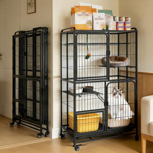 Multi-Tier Collapsible Cat Cage Crate, Metal Wire Cat Enclosures for Indoor | Cat playpen with 360° Wheels and Secure Lock,Large Ferret Kennel for Adult Cats Kitten Chinchilla (Black 4-Tier)