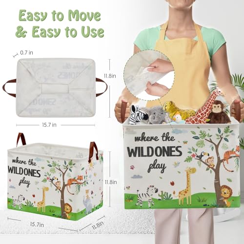 Jungle Safari Nursery Decor Basket -Elephant Giraffe Baby Boy Laundry Basket, Tropicals Laundry Hamper, Kids Toy Box Bin for Bedroom Bathroom Livingroom - color: Green 3