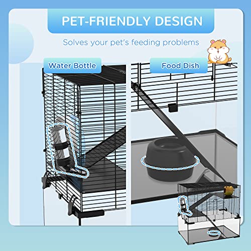 PawHut Large Hamster Cage with Deep Tempered Glass Bottom, 3 Tiers Hamster Tank with Running Wheel, Hut, Water Bottle, Dish, Rat Cage for Syrian, Dwarf, Gerbils, Mouse, 23.5" x 16" x 22.5", Black | 3 Tiers Hamster Tank, Running Wheel, Hut, Water Bottle, D