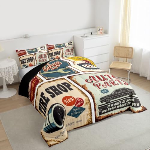 Vintage Car Signs Comforter Set For Boys, Automobile Pattern Down Comforter, Repair Vehicle Garage Bedding Set Full Size For Kids Girls Teens, Classics Servicing Duvet Insert Bedroom Decor - color: Multi 67, size: Full