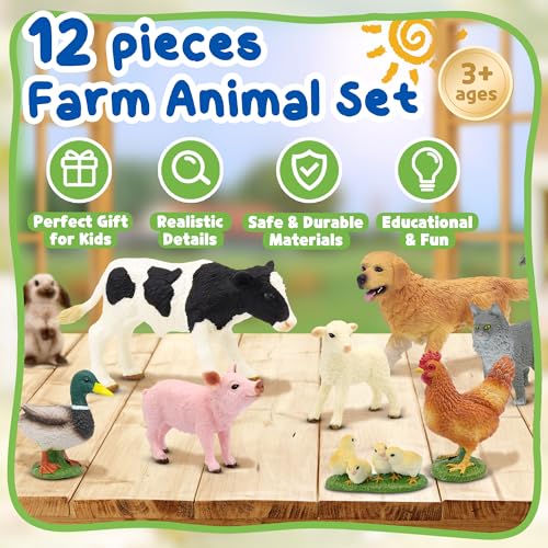 Farm Animals Toy Set, 12 Realistic Small Animal Figurines with Pets, Livestock, Poultry for Kids Ages 3+, Educational Learning Playset for Toddlers Boys Girls