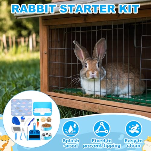 Reallnaive 15 Pcs Rabbit Starter Kit Small Rabbit Litter Box Girls Gift Animal Grooming Kit Bunny Toys Bowl Blankets with Cleaning Set for Guinea Pig Accessories(Light Blue) - color: Light Blue