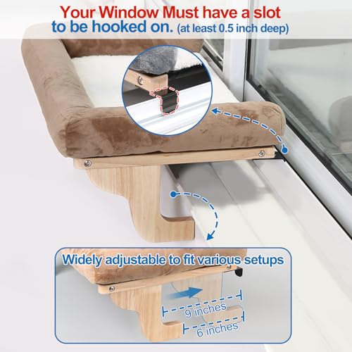 Zakkart Cat Perch for Window Sill with Bolster - Orthopedic Hammock Design with Premium Hardwood & Robust Metal Frame - Cat Window Seat for Large Cats - Natural Color Wood Gray Bed, 26.4''W - color: Natural Color Wood with Gray Bed, size: 26.4''L x 15''W