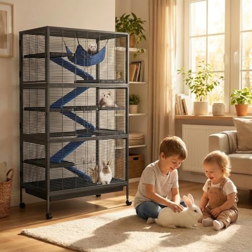 Small Animal Cages, Expandable 50-Inch Ferret Nation Style Cage with Lockable Doors and Ramps - Multi-Level Small Animal Habitat for Chin Pets Chinchillas and Indoor Rabbits