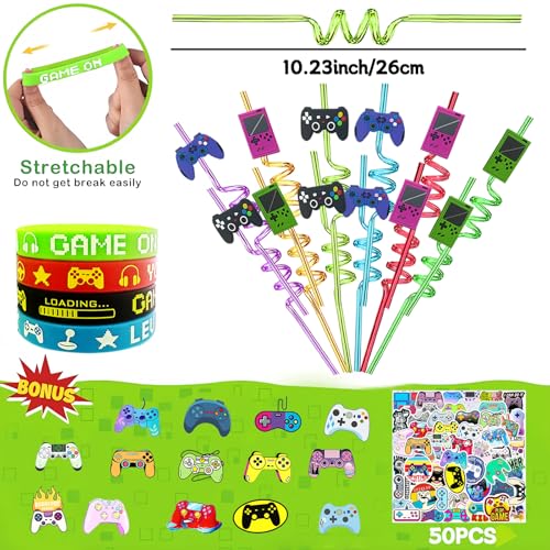 110PCS Video Game Party Favors, Gamer Goodie Bag Stuffers and Supplies | 110PCS video game party favors with boxes, keychains, wristbands, reusable straws, slap bracelets and 50 gaming stickers. - style: Video Game
