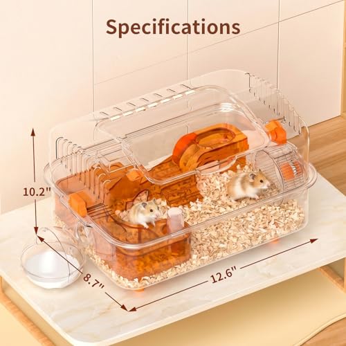 Clear Hamster Cage with External Bath, Dwarf Habitat | 14.17"x10.24"x10.24" compact design, transparent PET enclosure with chew-resistant panels for mice, gerbils and small pets - size: 14.2"L x 10.2"W x 10.2"H